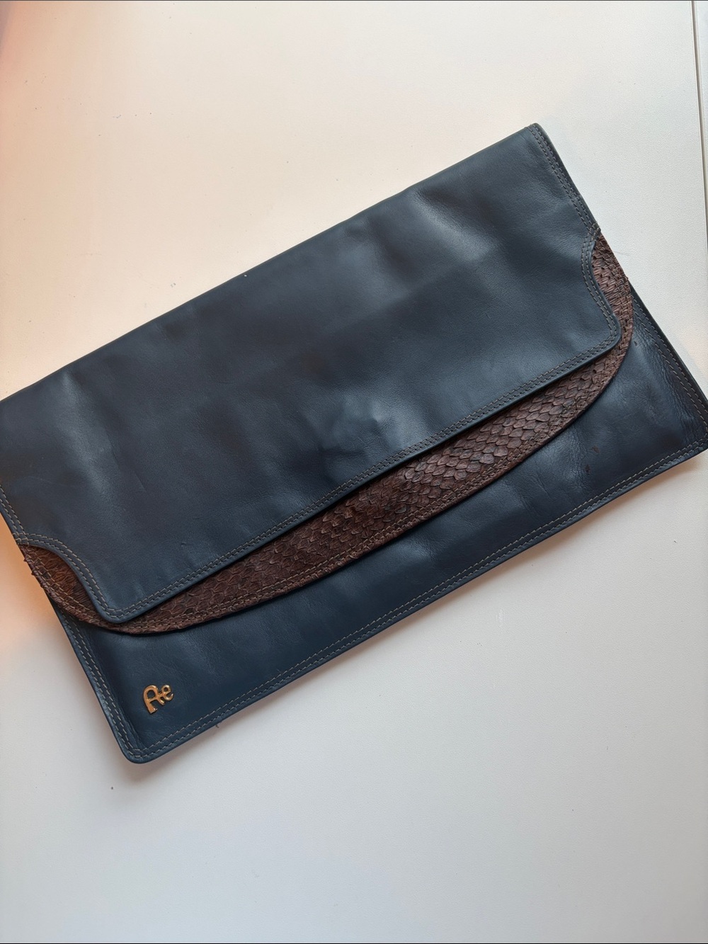 Vintage Navy Leather Clutch with Brown Trim